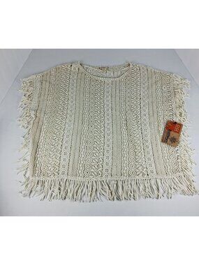 New w/ Tags Ruff Hewn Ivory Crochet Fringe Poncho Size L Lightweight Boho Style